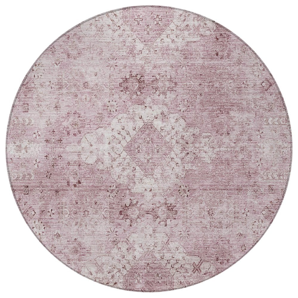 8' Pink And Blush Round Oriental Washable Indoor Outdoor Area Rug
