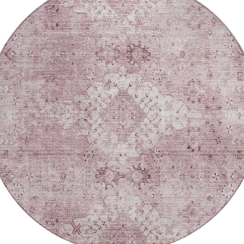 8' Pink And Blush Round Oriental Washable Indoor Outdoor Area Rug — view 9