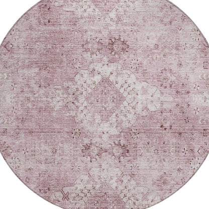 8' Pink And Blush Round Oriental Washable Indoor Outdoor Area Rug