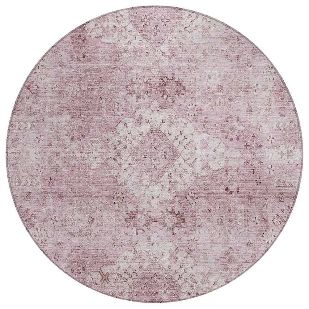 8' Pink And Blush Round Oriental Washable Indoor Outdoor Area Rug — view 1