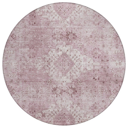 8' Pink And Blush Round Oriental Washable Indoor Outdoor Area Rug