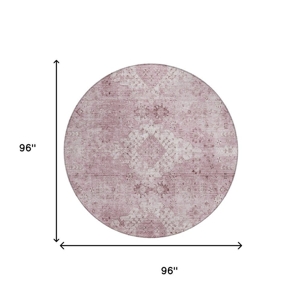 8' Pink And Blush Round Oriental Washable Indoor Outdoor Area Rug