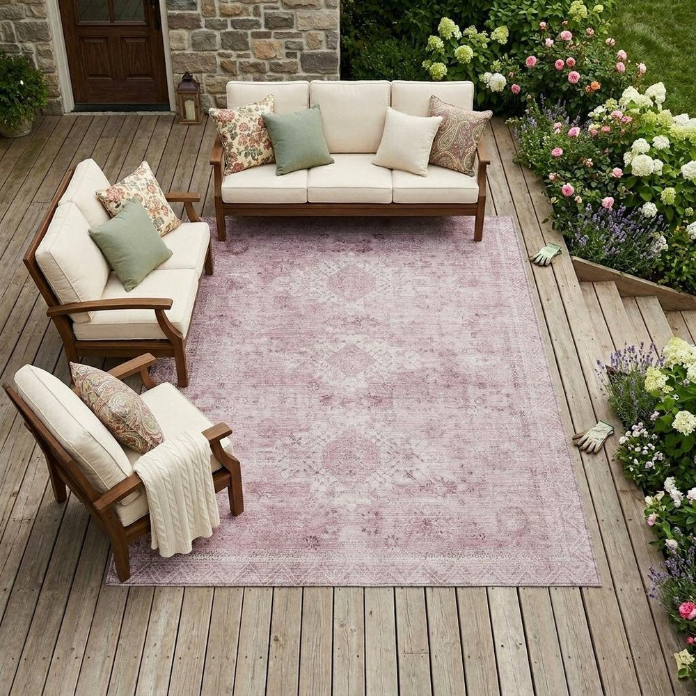 10' X 14' Pink And Blush Oriental Washable Indoor Outdoor Area Rug HomeRoots