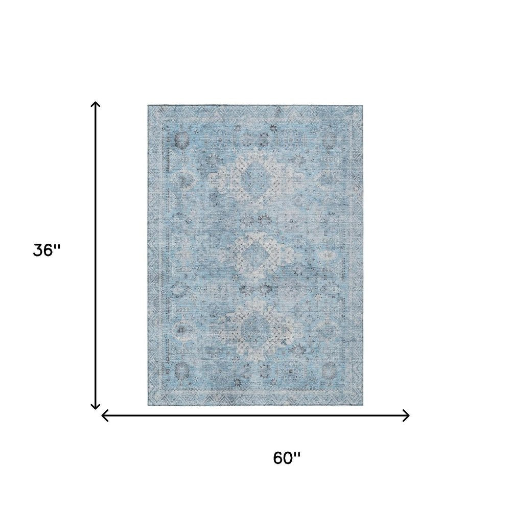 3' X 5' Sky Blue And Blue Oriental Washable Indoor Outdoor Area Rug — view 4