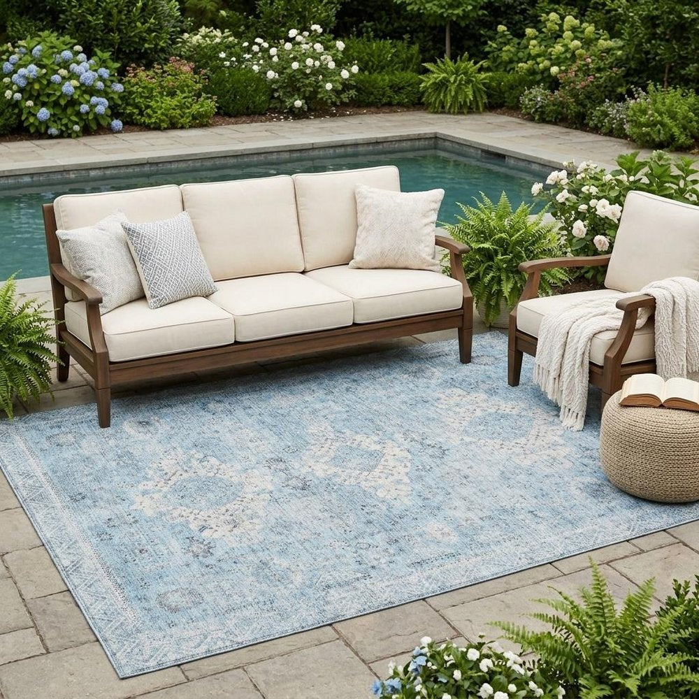 5' X 8' Sky Blue And Blue Oriental Washable Indoor Outdoor Area Rug HomeRoots