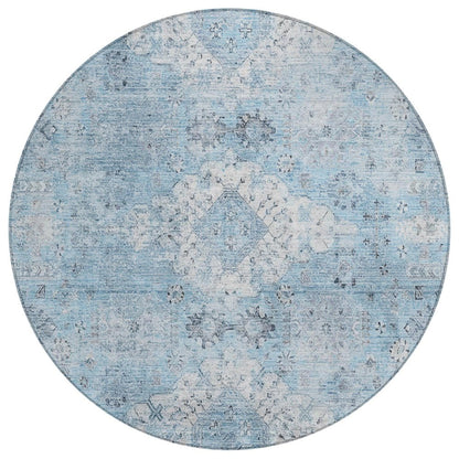 8' Sky Blue And Blue Round Oriental Washable Indoor Outdoor Area Rug HomeRoots