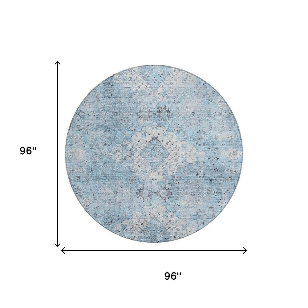 8' Sky Blue And Blue Round Oriental Washable Indoor Outdoor Area Rug HomeRoots