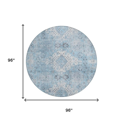 8' Sky Blue And Blue Round Oriental Washable Indoor Outdoor Area Rug HomeRoots
