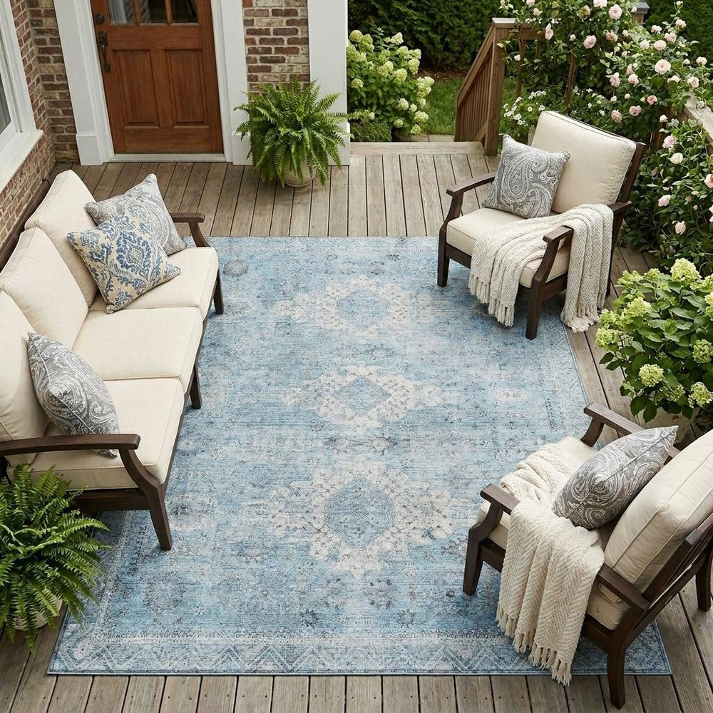 9' X 12' Sky Blue And Blue Oriental Washable Indoor Outdoor Area Rug HomeRoots