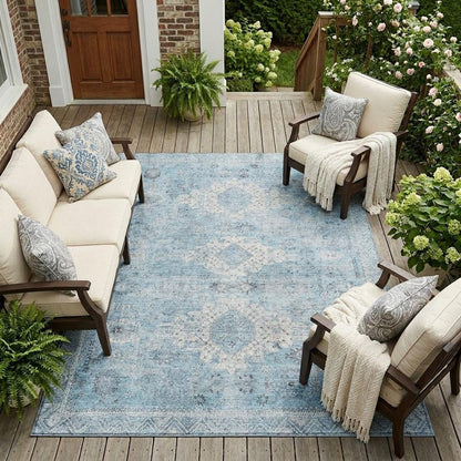 9' X 12' Sky Blue And Blue Oriental Washable Indoor Outdoor Area Rug HomeRoots