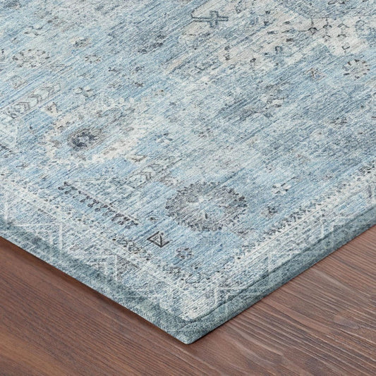 9' X 12' Sky Blue And Blue Oriental Washable Indoor Outdoor Area Rug