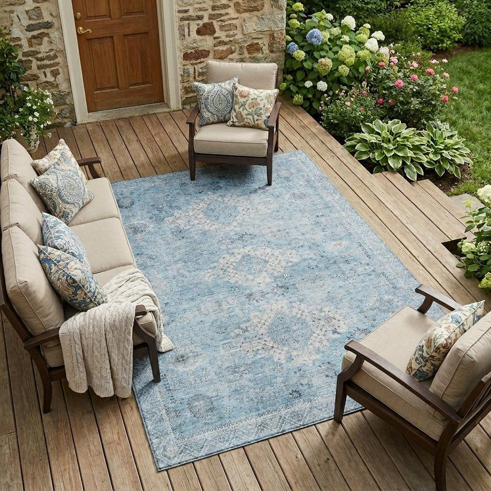 10' X 14' Sky Blue And Blue Oriental Washable Indoor Outdoor Area Rug HomeRoots