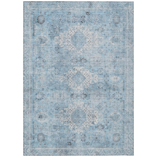 10' X 14' Sky Blue And Blue Oriental Washable Indoor Outdoor Area Rug