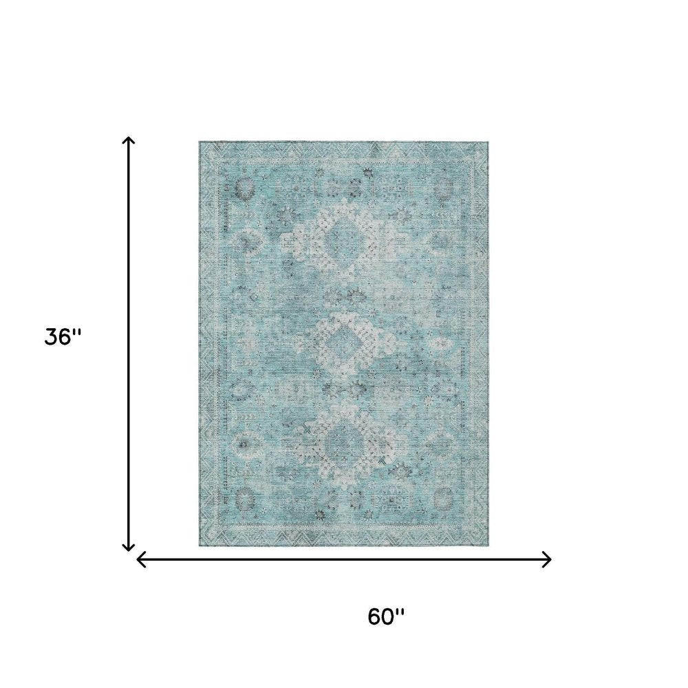 3' X 5' Turquoise And Teal Blue Oriental Washable Indoor Outdoor Area Rug — view 4