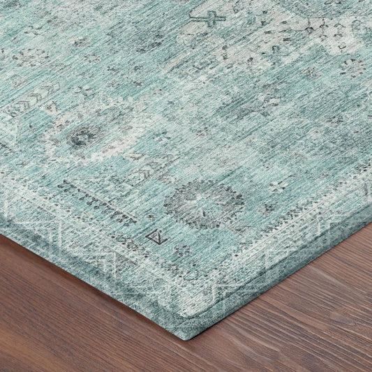 3' X 5' Turquoise And Teal Blue Oriental Washable Indoor Outdoor Area Rug