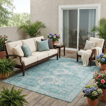 5' X 8' Turquoise And Teal Blue Oriental Washable Indoor Outdoor Area Rug HomeRoots