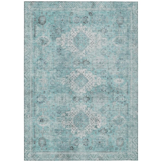 5' X 8' Turquoise And Teal Blue Oriental Washable Indoor Outdoor Area Rug