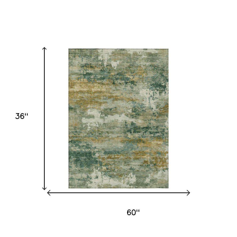 3' X 5' Green And Brown Abstract Washable Indoor Outdoor Area Rug — view 4