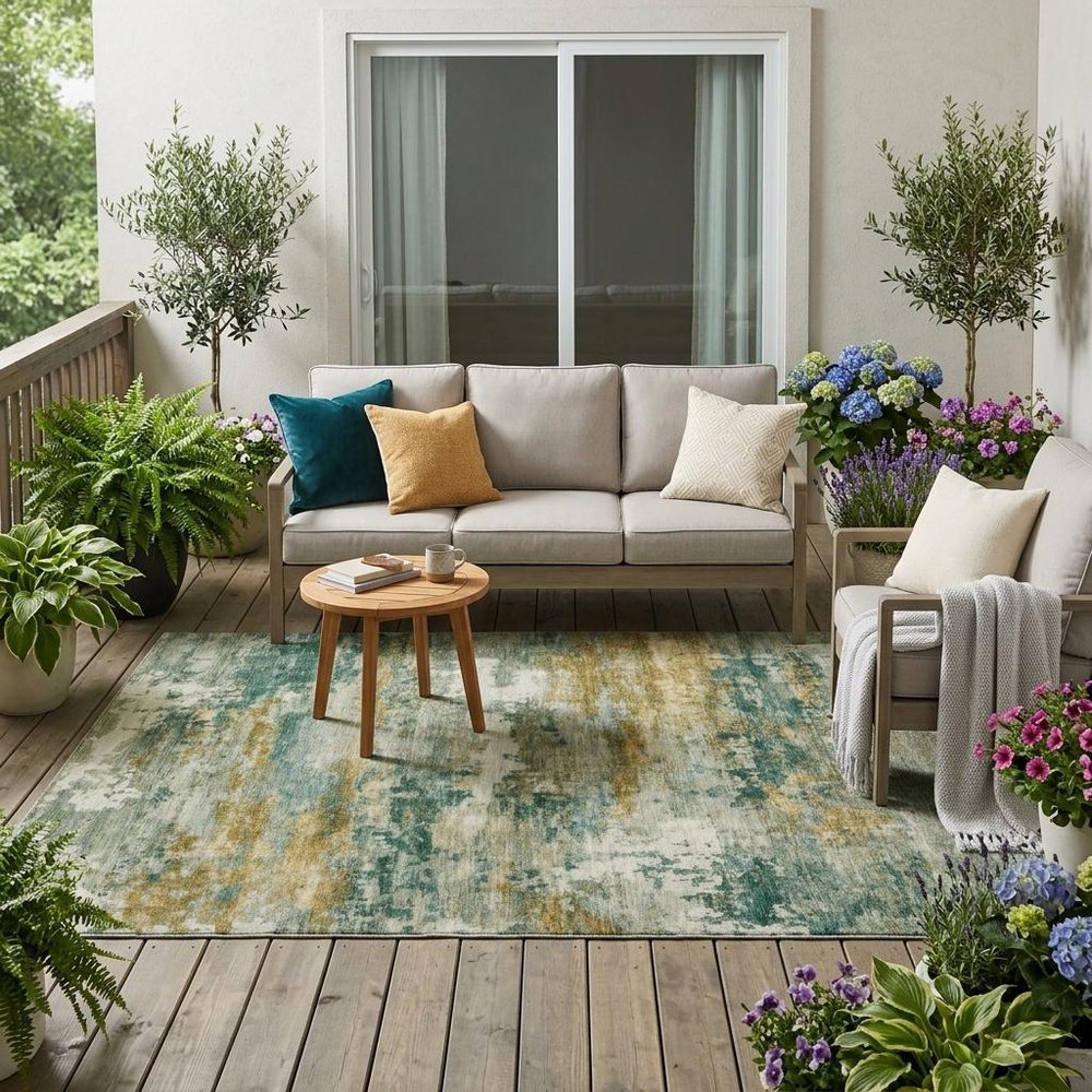5' X 8' Green And Brown Abstract Washable Indoor Outdoor Area Rug — view 6