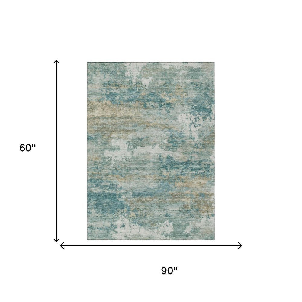 5' X 8' Aqua And Teal Blue Abstract Washable Indoor Outdoor Area Rug HomeRoots