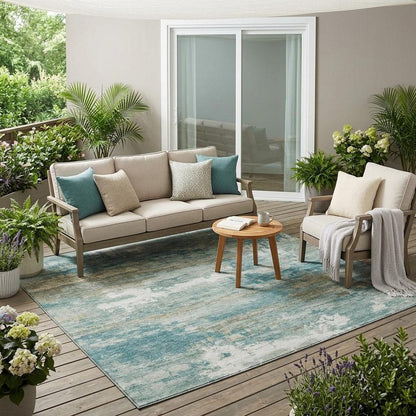 5' X 8' Aqua And Teal Blue Abstract Washable Indoor Outdoor Area Rug HomeRoots