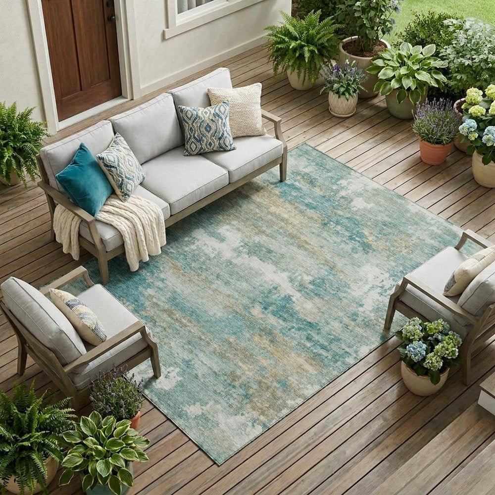 9' X 12' Aqua And Teal Blue Abstract Washable Indoor Outdoor Area Rug — view 5