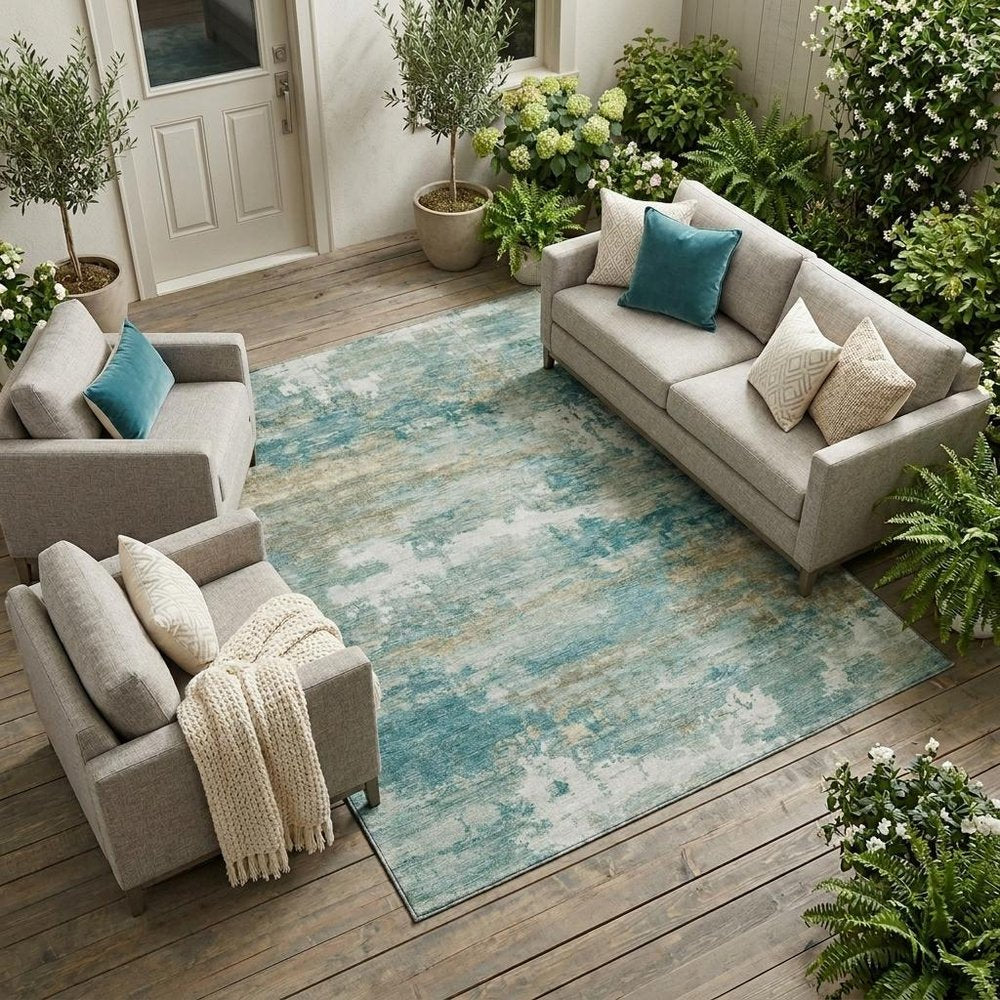 10' X 14' Aqua And Teal Blue Abstract Washable Indoor Outdoor Area Rug — view 6