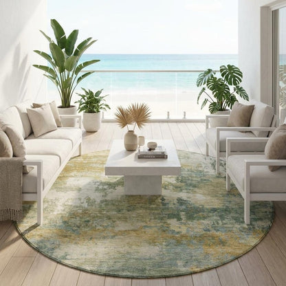 8' Sage And Green Round Abstract Washable Indoor Outdoor Area Rug
