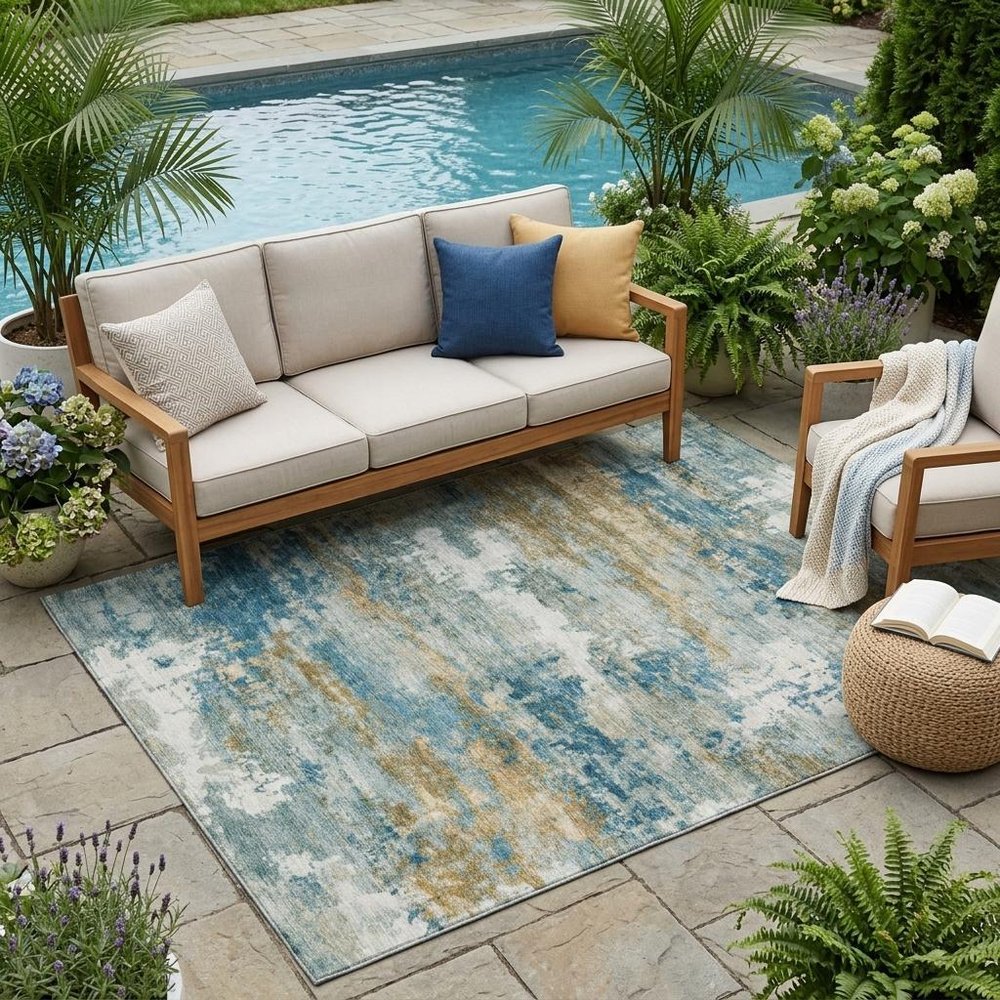 5' X 8' Teal Blue And Green Abstract Washable Indoor Outdoor Area Rug — view 5