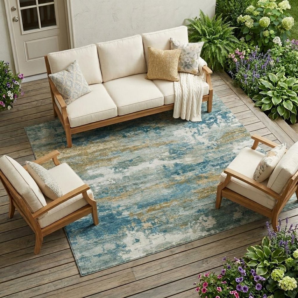 9' X 12' Teal Blue And Green Abstract Washable Indoor Outdoor Area Rug HomeRoots