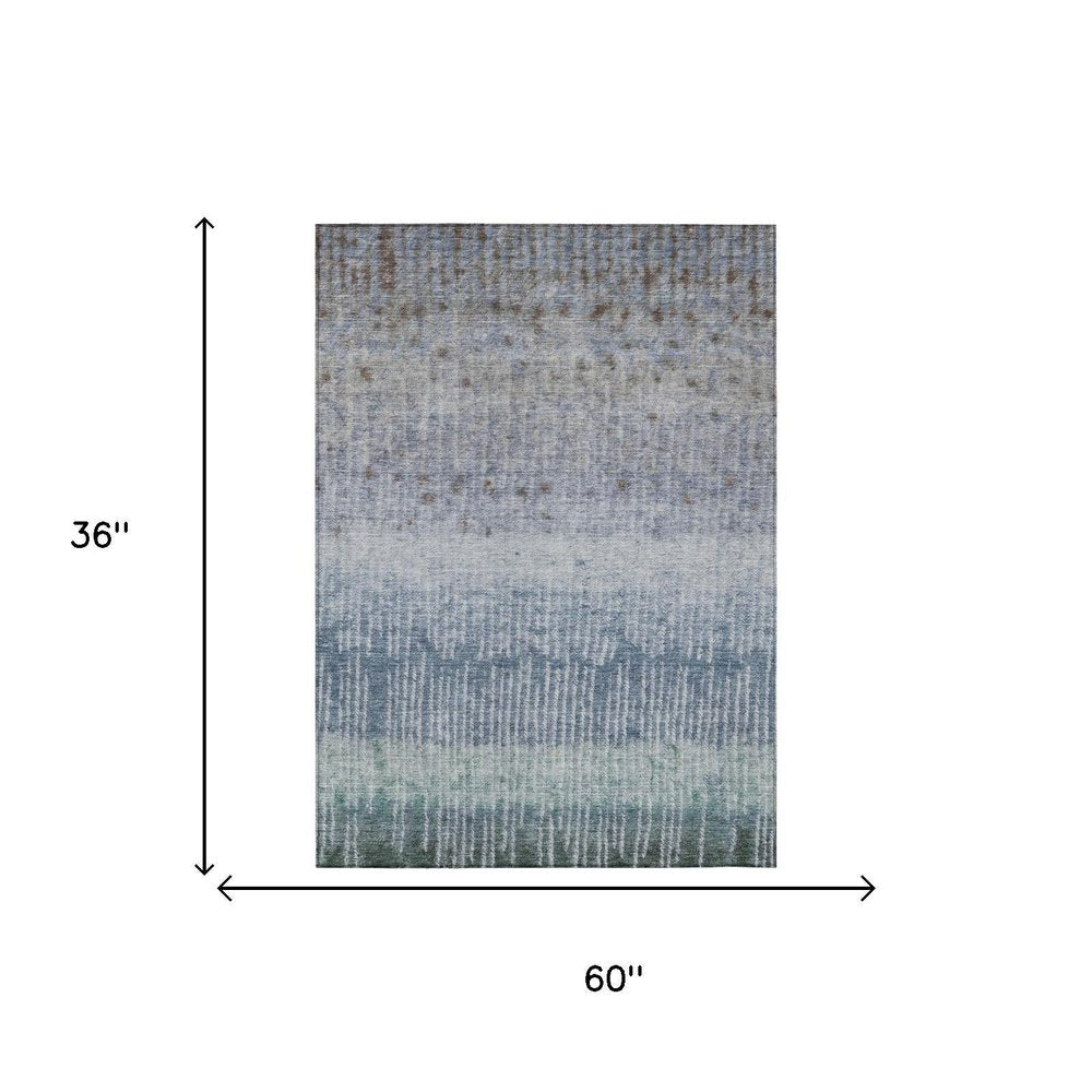 3' X 5' Blue And Silver Abstract Washable Indoor Outdoor Area Rug — view 4