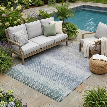 5' X 8' Blue And Silver Abstract Washable Indoor Outdoor Area Rug