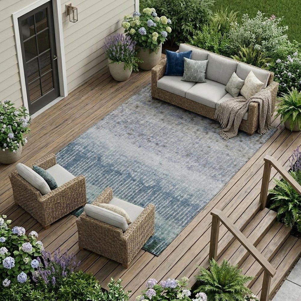 9' X 12' Blue And Silver Abstract Washable Indoor Outdoor Area Rug — view 5