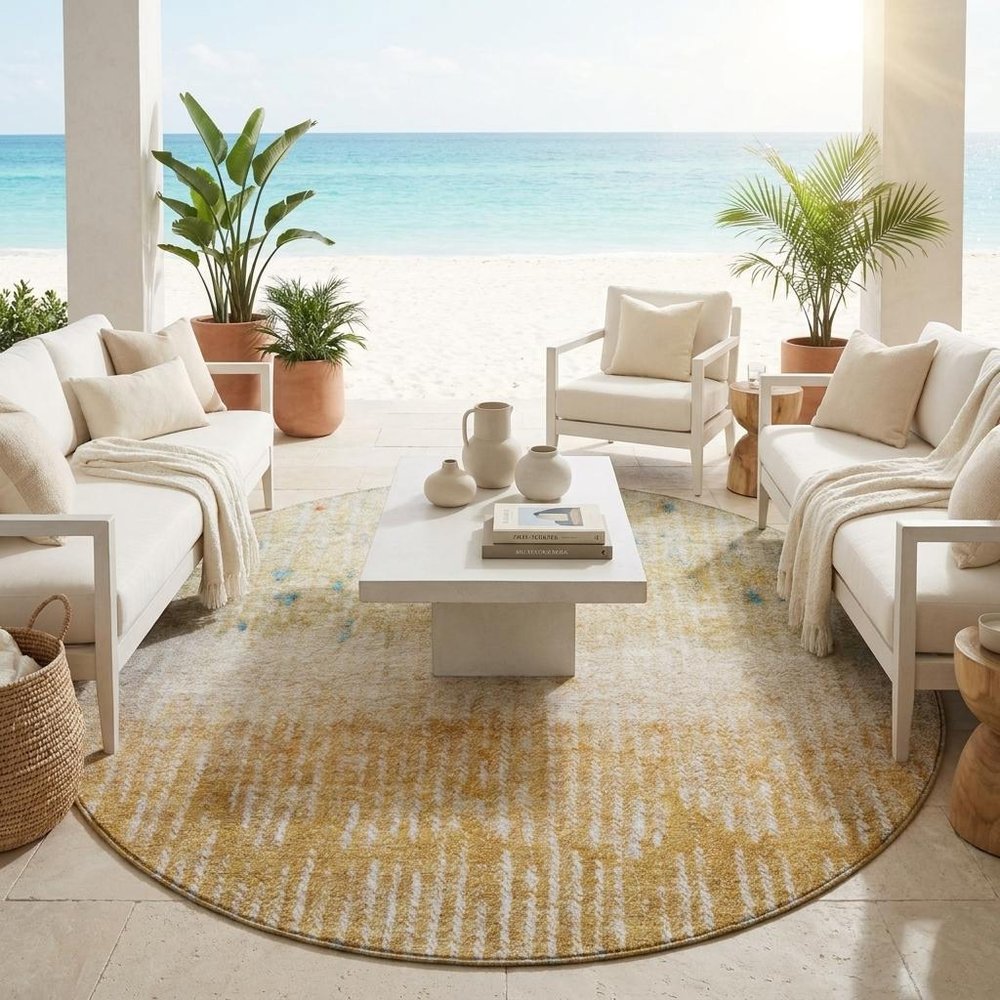 8' Gold And Beige Round Abstract Washable Indoor Outdoor Area Rug — view 5