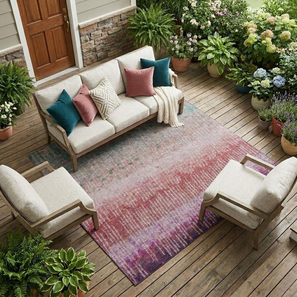 10' X 14' Pink And Blush Abstract Washable Indoor Outdoor Area Rug — view 5