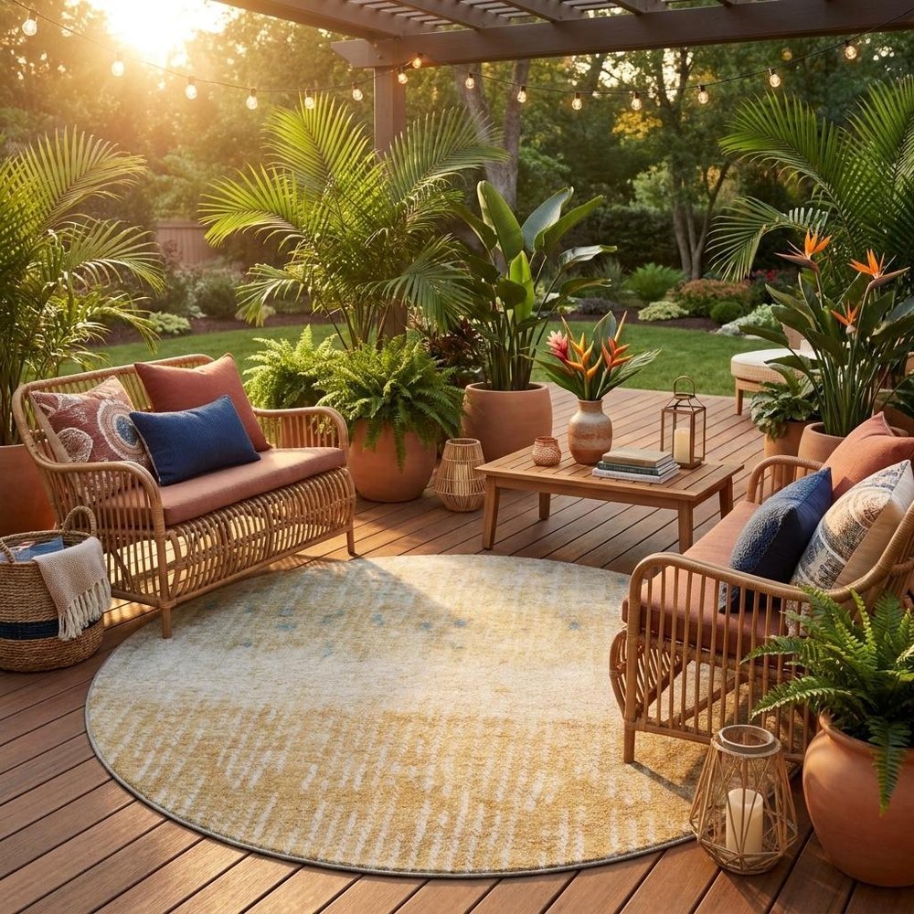 8' Wheat And Gold Round Abstract Washable Indoor Outdoor Area Rug — view 6