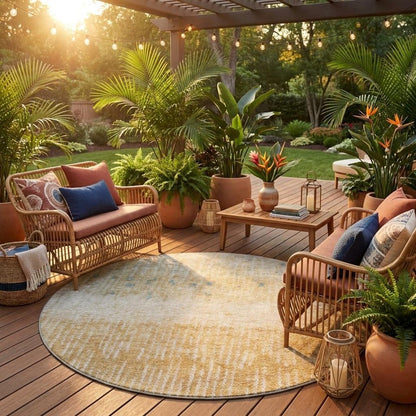 8' Wheat And Gold Round Abstract Washable Indoor Outdoor Area Rug