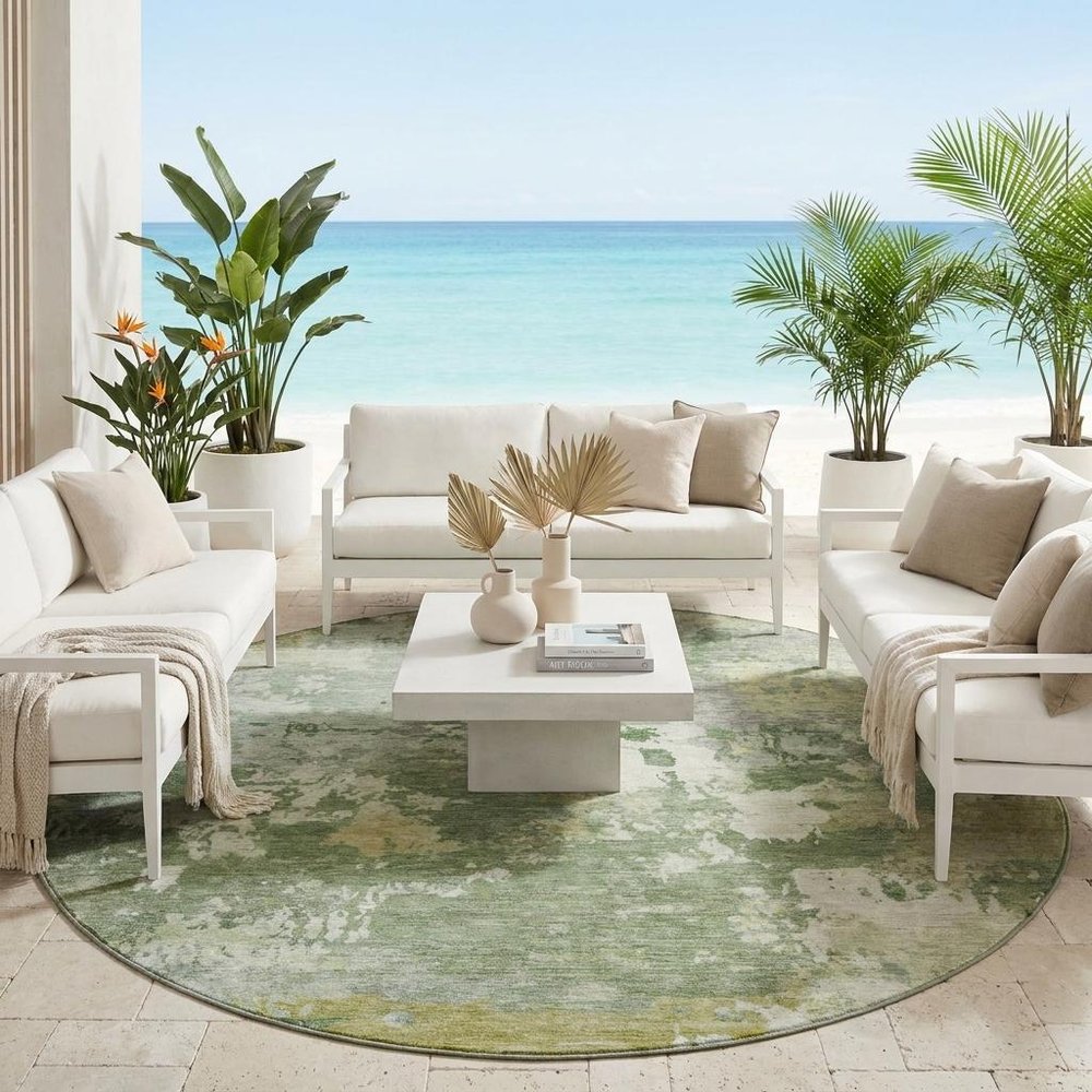 8' Green And Beige Round Abstract Washable Indoor Outdoor Area Rug HomeRoots