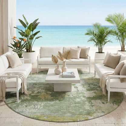 8' Green And Beige Round Abstract Washable Indoor Outdoor Area Rug HomeRoots