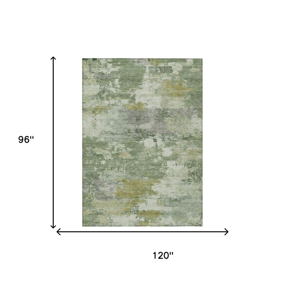8' X 10' Green And Beige Abstract Washable Indoor Outdoor Area Rug — view 9