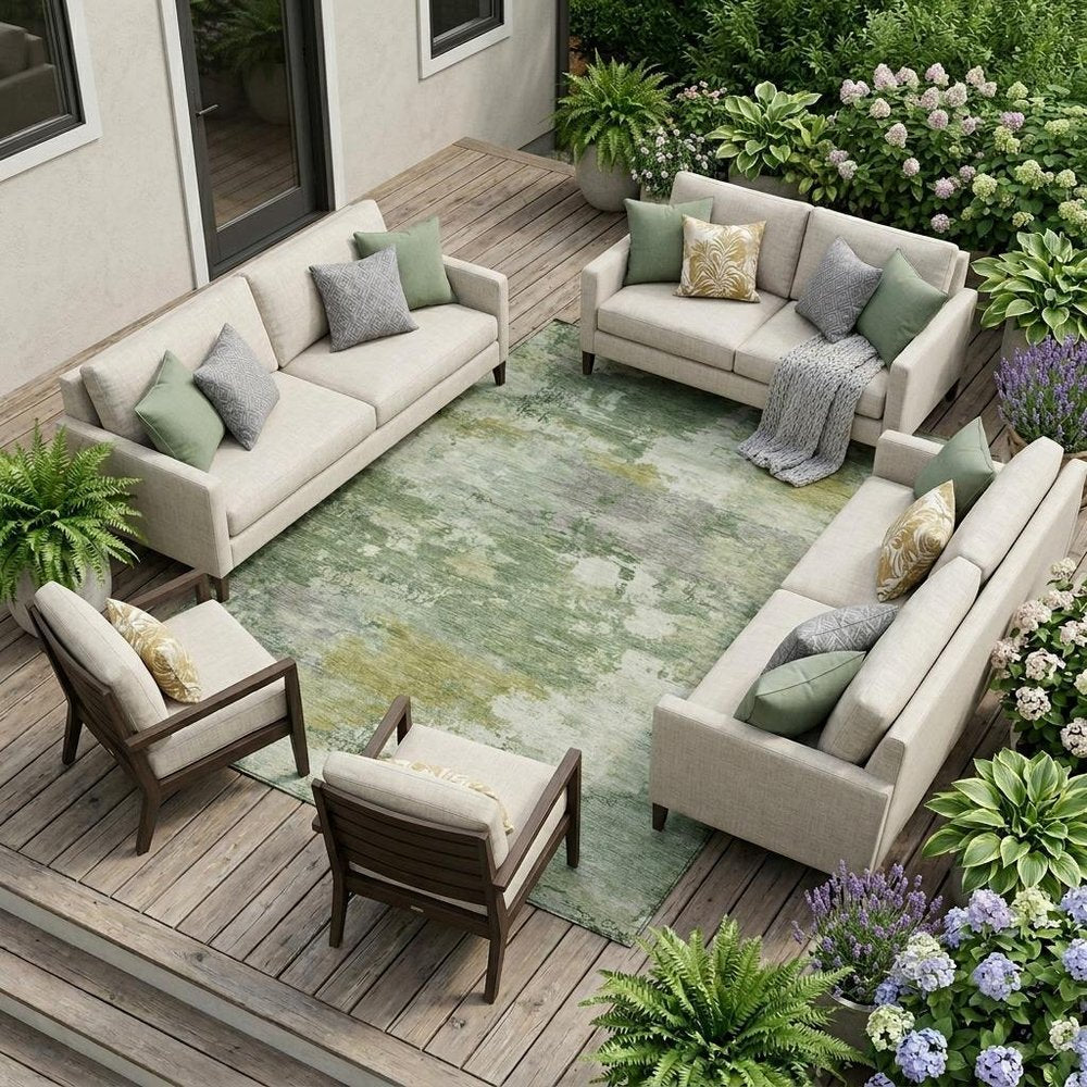 8' X 10' Green And Beige Abstract Washable Indoor Outdoor Area Rug — view 6