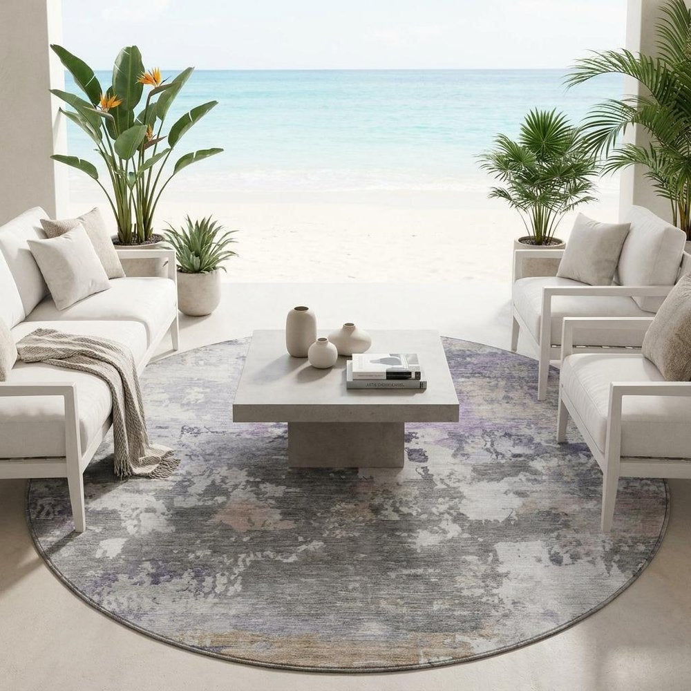 8' Gray And Silver Round Abstract Washable Indoor Outdoor Area Rug HomeRoots