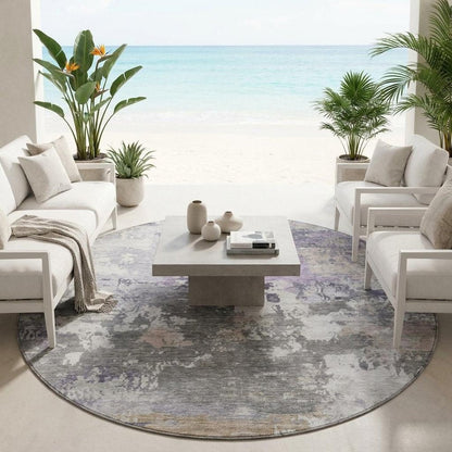 8' Gray And Silver Round Abstract Washable Indoor Outdoor Area Rug HomeRoots