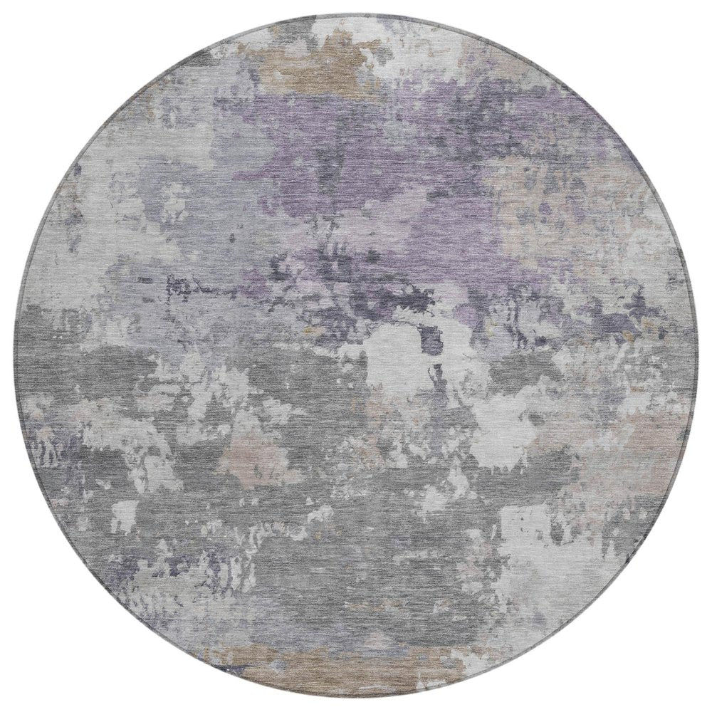 8' Gray And Silver Round Abstract Washable Indoor Outdoor Area Rug — view 1