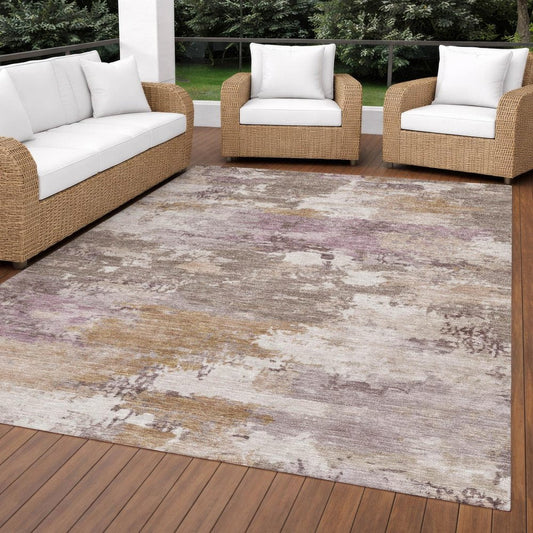 9' X 12' Brown And Blush Abstract Washable Indoor Outdoor Area Rug
