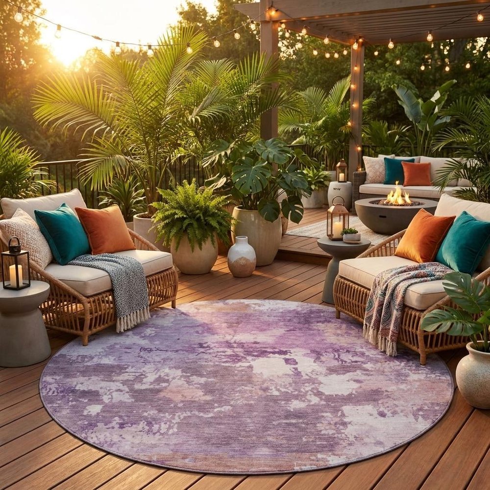 8' Plum And Purple Round Abstract Washable Indoor Outdoor Area Rug — view 5