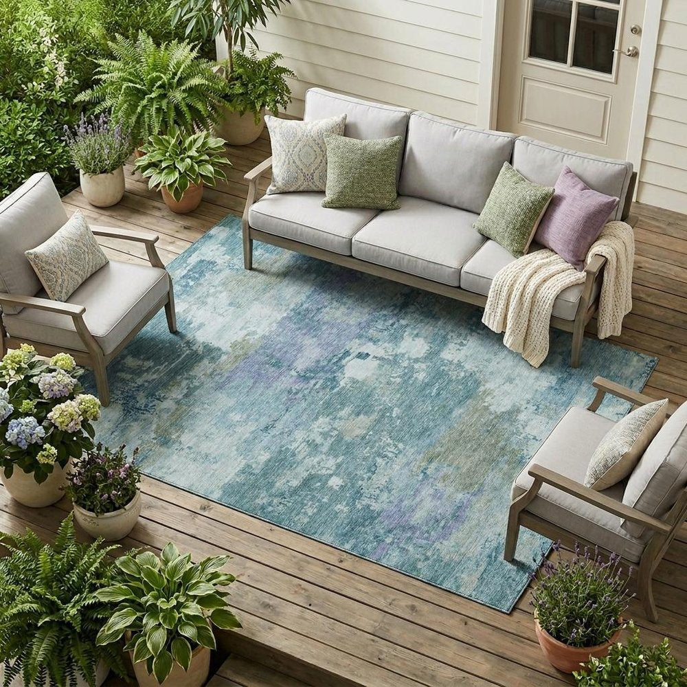 9' X 12' Teal Blue And Silver Abstract Washable Indoor Outdoor Area Rug — view 5