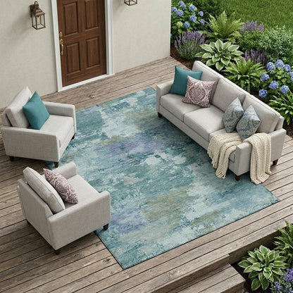10' X 14' Teal Blue And Silver Abstract Washable Indoor Outdoor Area Rug HomeRoots