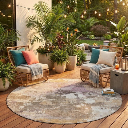 8' Taupe And Brown Round Abstract Washable Indoor Outdoor Area Rug