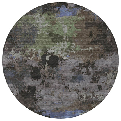 8' Brown And Graphite Round Abstract Washable Indoor Outdoor Area Rug